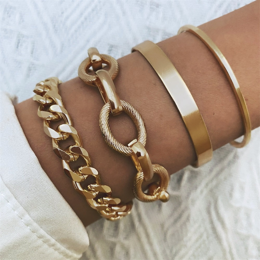 4 Pcs Chunky Metal Chain Bracelet Set