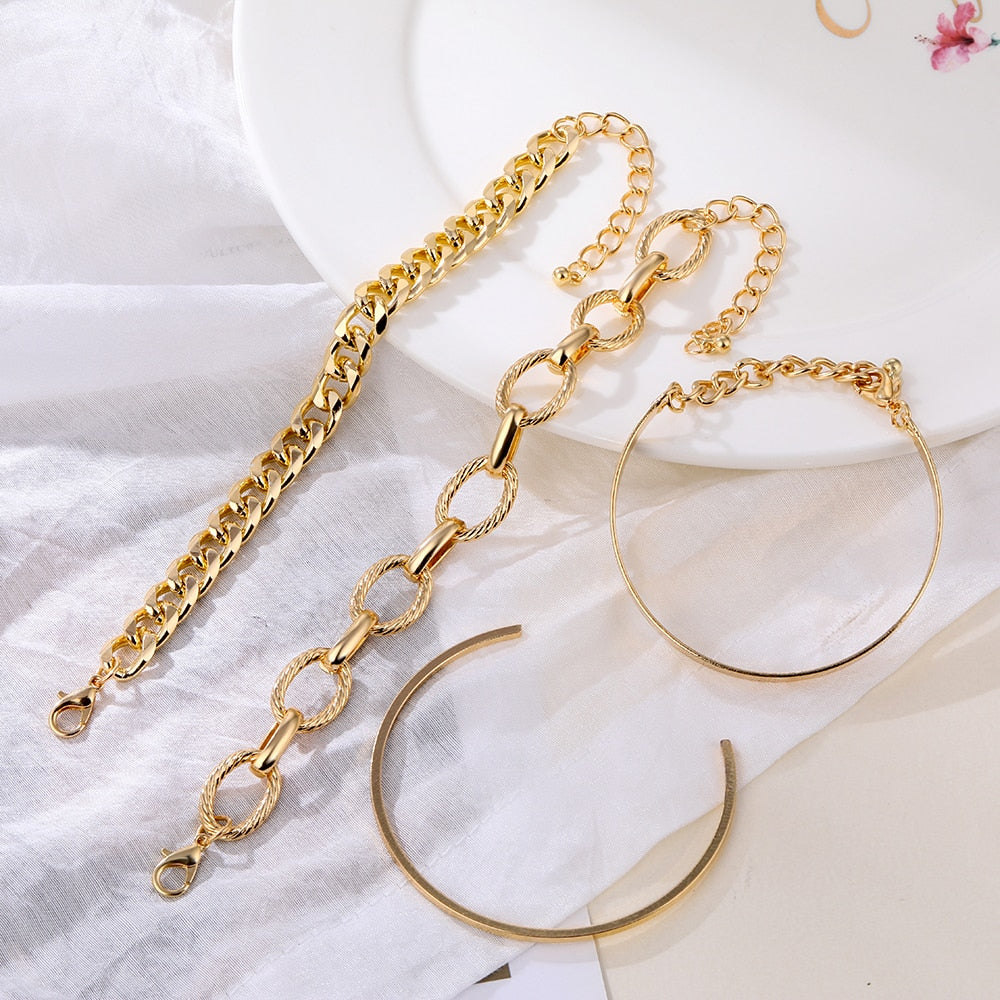 4 Pcs Chunky Metal Chain Bracelet Set
