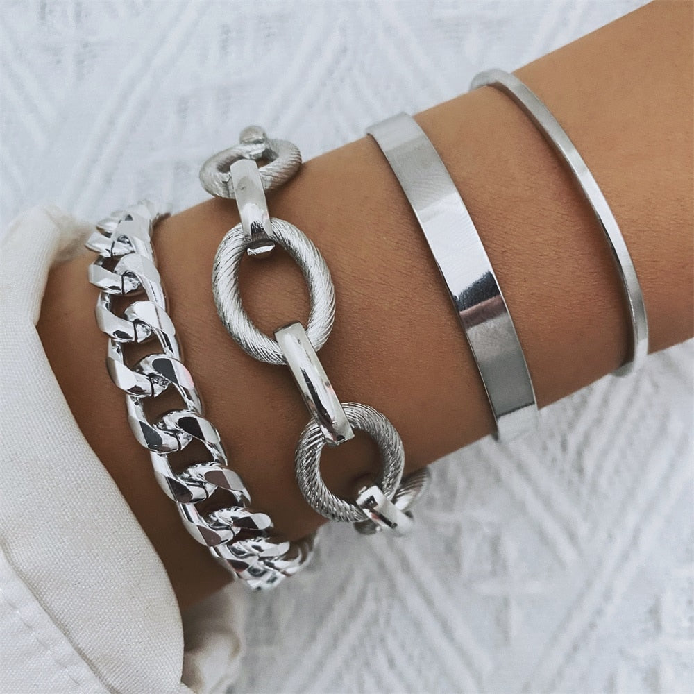 4 Pcs Chunky Metal Chain Bracelet Set