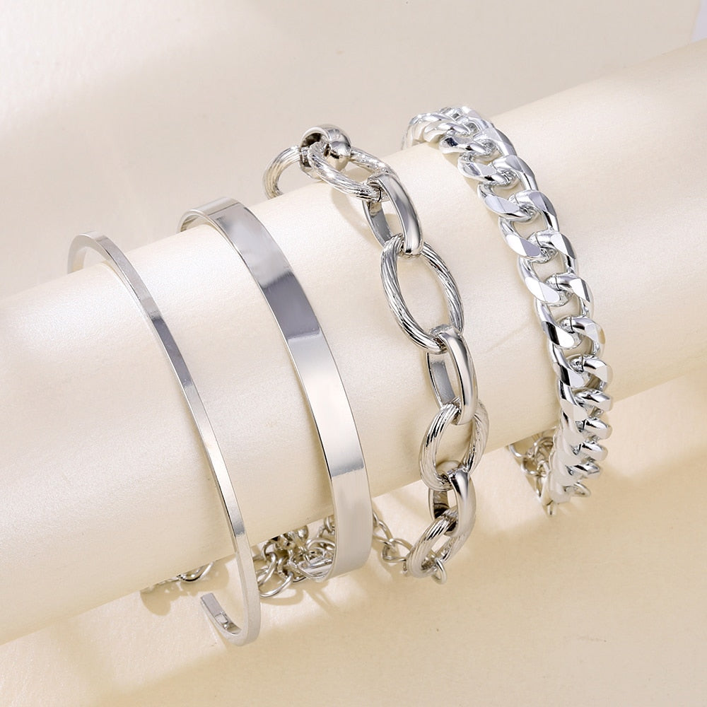 4 Pcs Chunky Metal Chain Bracelet Set